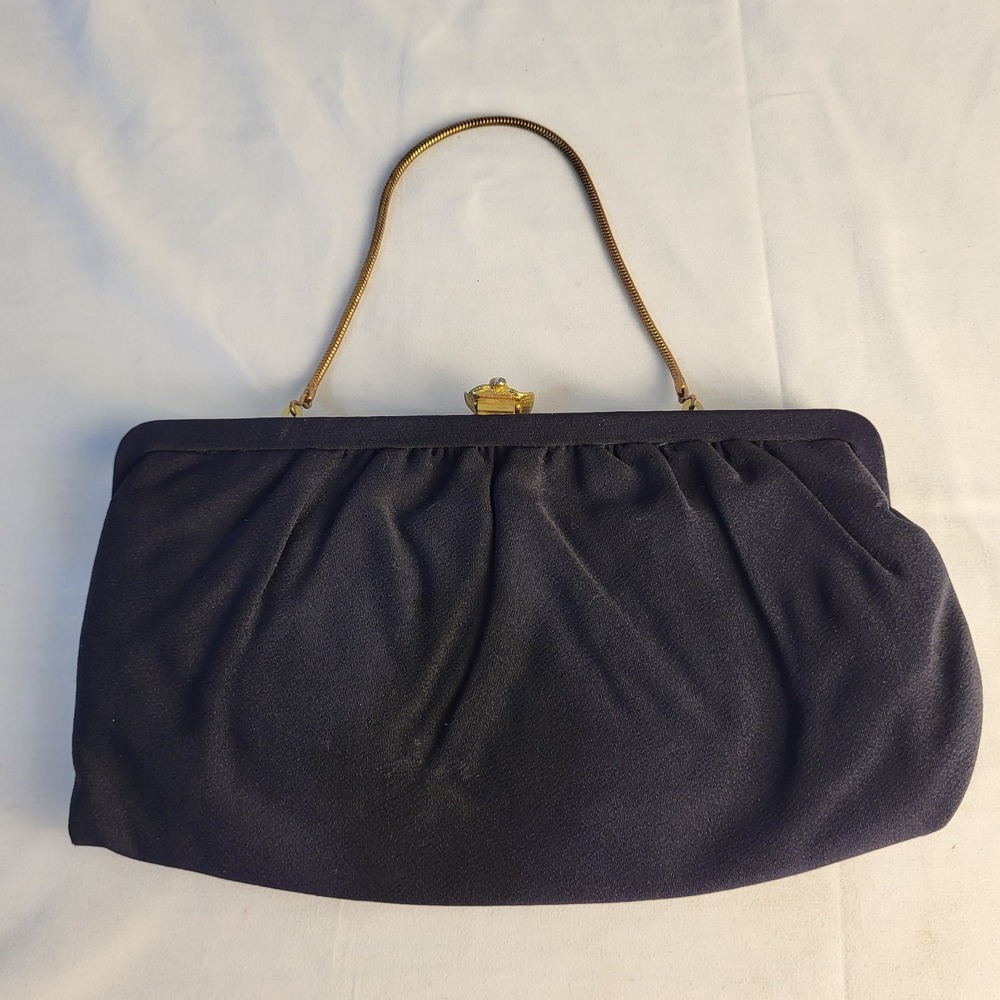 Vintage Bobbie Jerome Black Clutch Purse w/ Gold Chain Handle Lilly Pad Clasp
